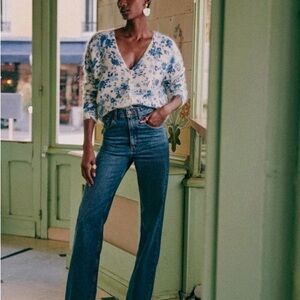 Sezane Blue and White Floral Cardigan